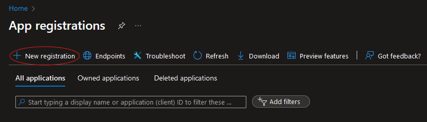 Application Blade, Click New Registration
