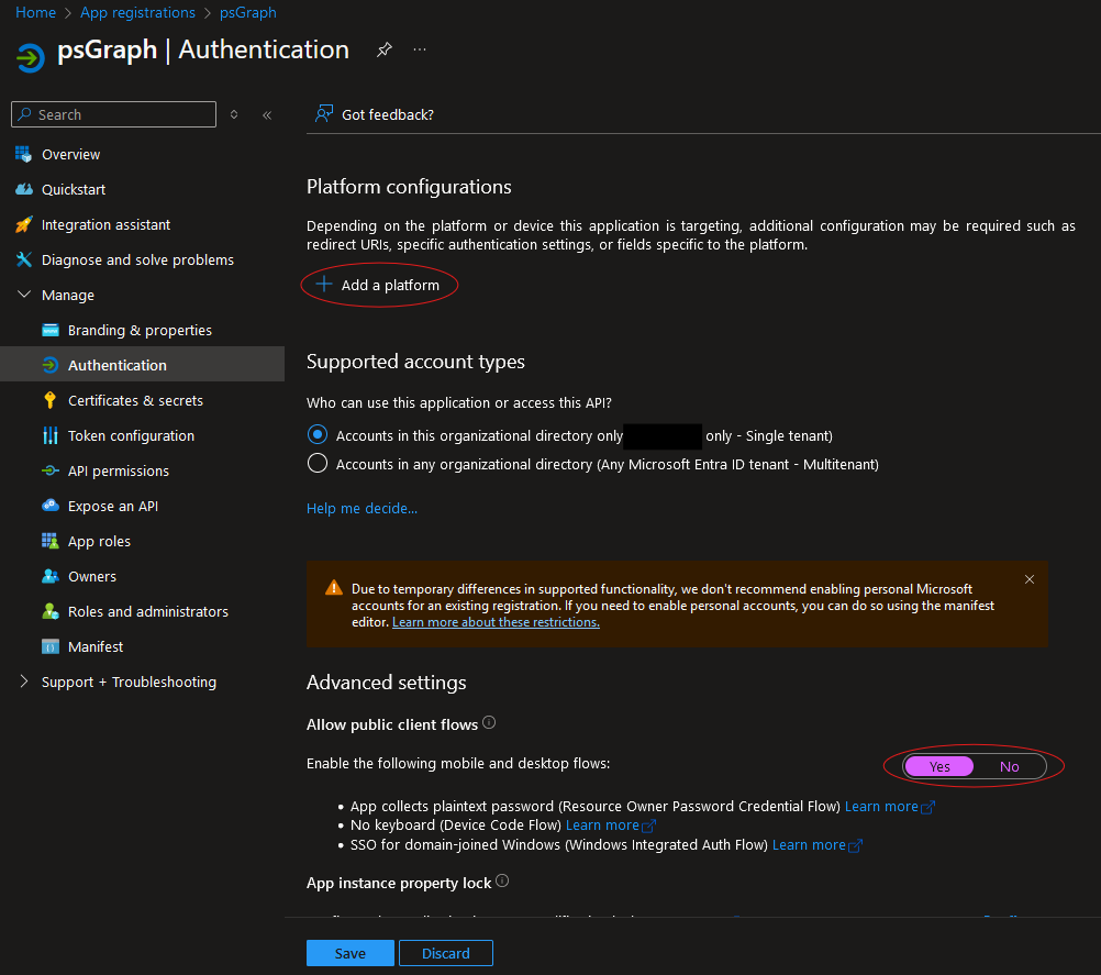 Authentication Tab, Allow Public Client Flows, Add Desktop Platform