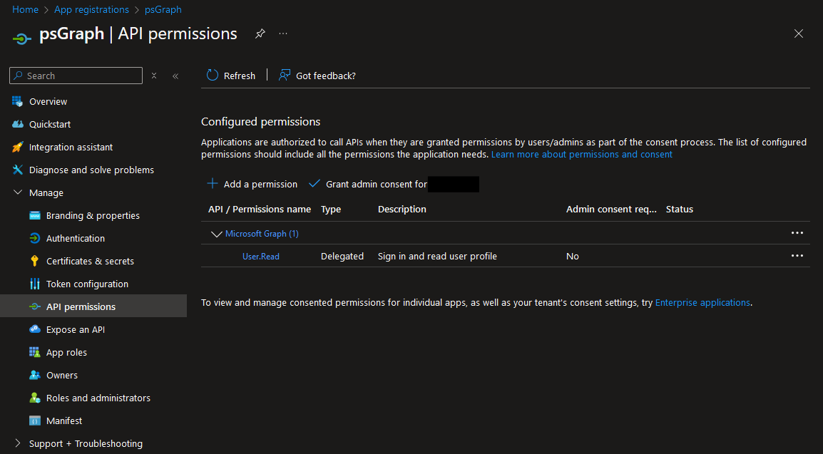 API Permissions Tab, Add and Consent to API Permissions