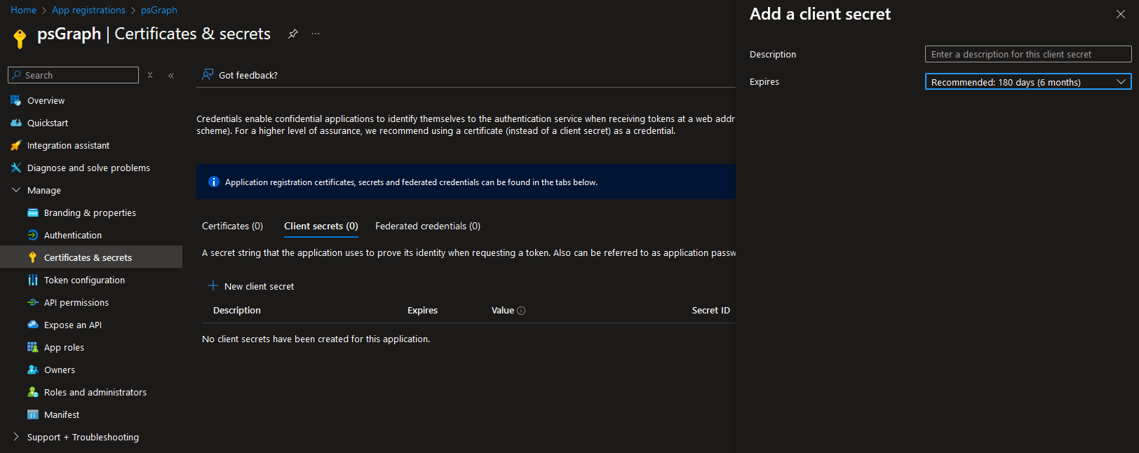 Certificates and Secrets Tab, Create Client Secret