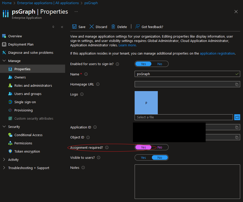 Service Principal, Propeties Tab, Require Assignment