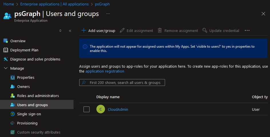 Service Principal, Users and Groups Tab, Grant Access to Users and Groups
